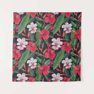 Red hibiscus, orchids, tropical watercolor. tapestry