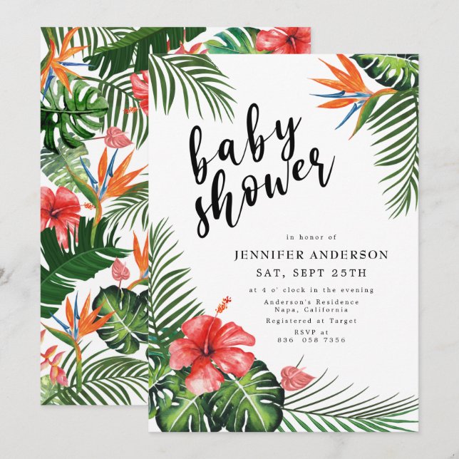 Red Hibiscus Palm Leaves Tropical Baby Shower Invitation (Front/Back)