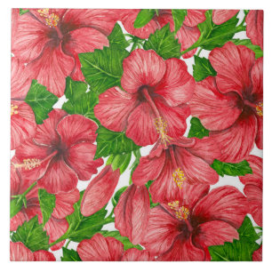 Red hibiscus pattern II Tile