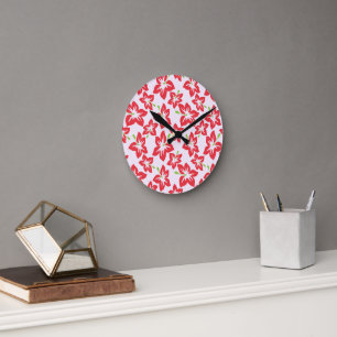 Red Hibiscus, Red Flowers, Pattern Of Flowers Round Clock