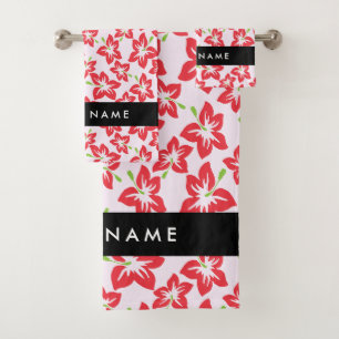 Red Hibiscus, Red Flowers, Your Name Bath Towel Set
