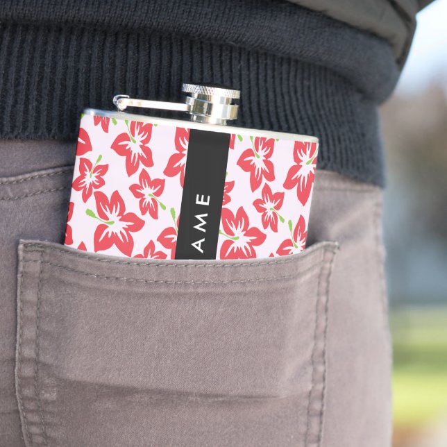 Red Hibiscus, Red Flowers, Your Name Hip Flask (In Situ)