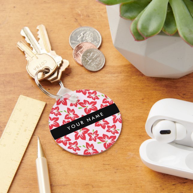 Red Hibiscus, Red Flowers, Your Name Key Ring (Desk)