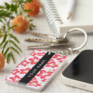 Red Hibiscus, Red Flowers, Your Name Key Ring