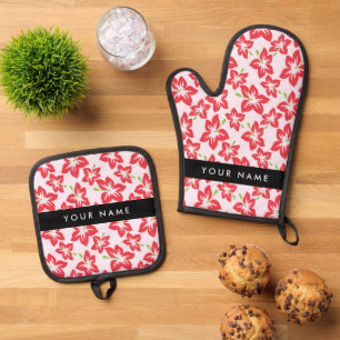 Red Hibiscus, Red Flowers, Your Name Oven Mitt & Pot Holder Set