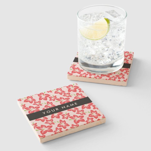 Red Hibiscus, Red Flowers, Your Name Stone Coaster (Side)