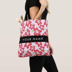 Red Hibiscus, Red Flowers, Your Name Tote Bag