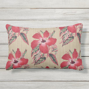 Red Hibiscus Splash on Taupe Lumbar Throw Pillow