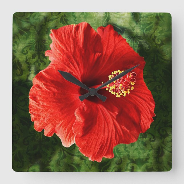 Red Hibiscus Square Wall Clock (Front)