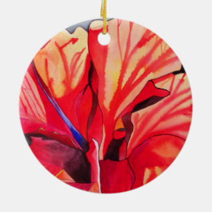 Red Hibiscus tropical flower watercolor art Ceramic Tree Decoration