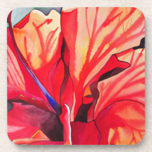 Red Hibiscus tropical flower watercolor art Coaster