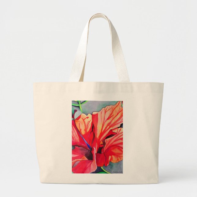 Red Hibiscus tropical flower watercolor art Large Tote Bag (Front)