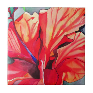 Red Hibiscus tropical flower watercolor art Tile