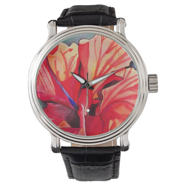 Red Hibiscus tropical flower watercolor art Watch (Front)