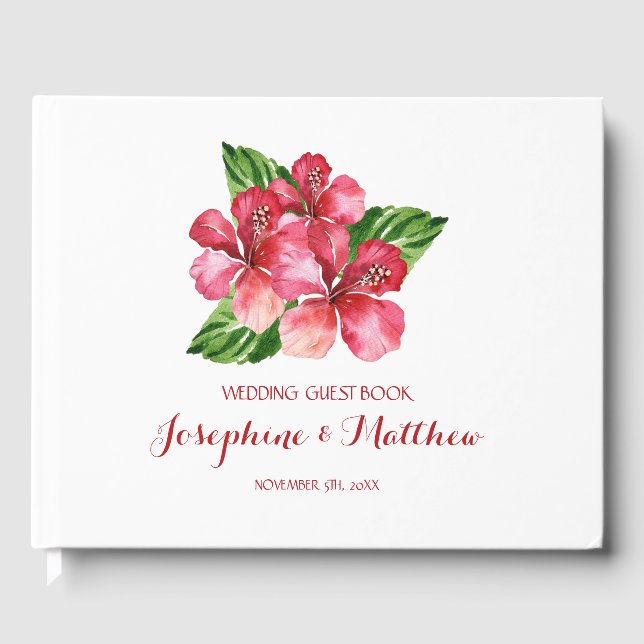 Red Hibiscus Tropical Wedding Guest Book (Front)