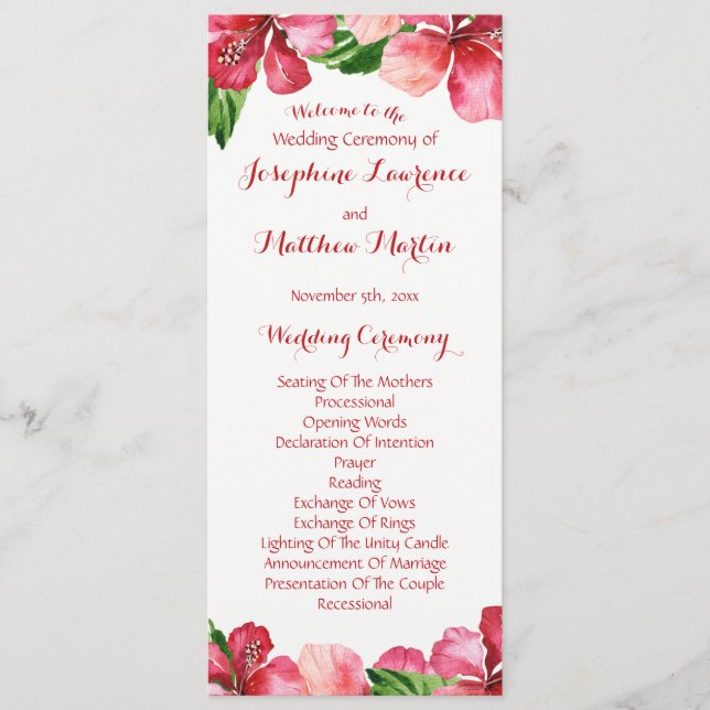 Red Hibiscus Tropical Wedding Programs Programme (Front)