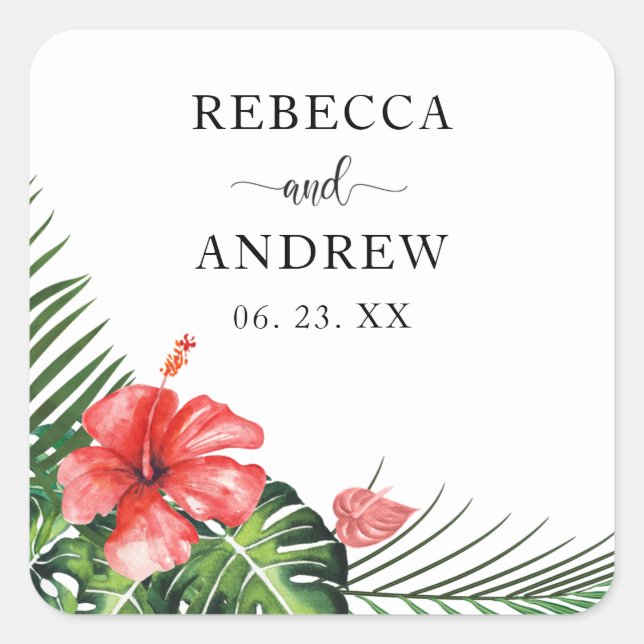 Red Hibiscus Tropical Wedding Round Sticker (Front)