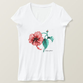 Red Hibiscus V-Neck T-shirt for Women