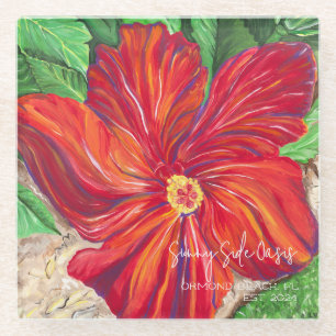 Red Hibiscus Vacation Home Glass Coaster