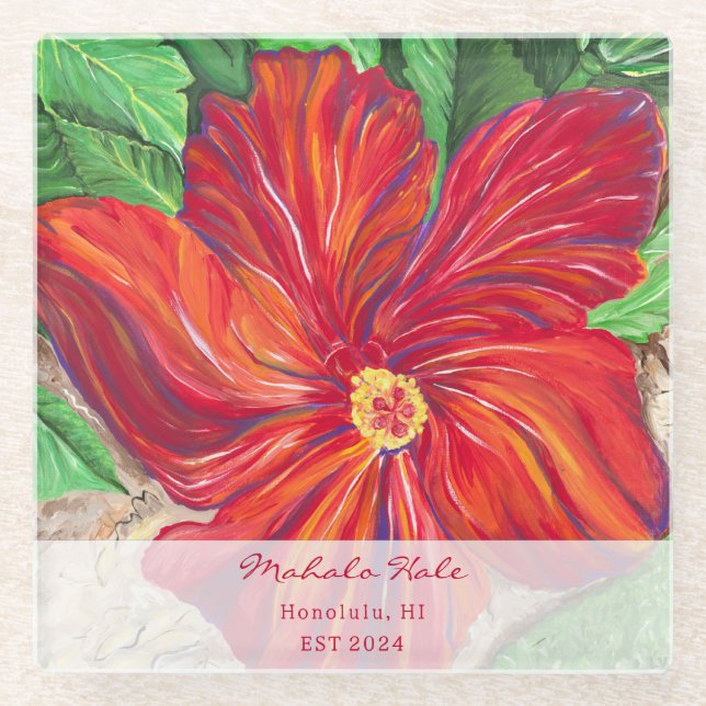 Red Hibiscus Vacation Home Glass Coaster (Front)