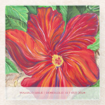 Red Hibiscus Vacation Home Glass Coaster