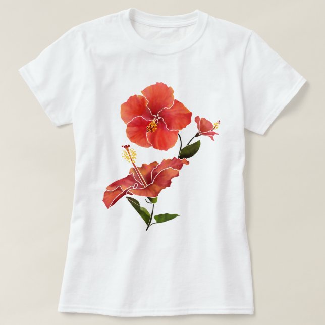 Red Hibiscus Watercolor Flowers T-Shirt (Design Front)