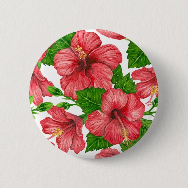 Red hibiscus watercolor pattern 6 cm round badge (Front)