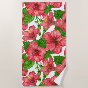 Red hibiscus watercolor pattern beach towel