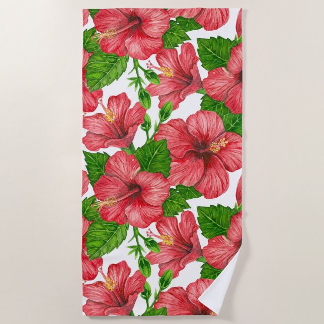 Red hibiscus watercolor pattern beach towel (Front)