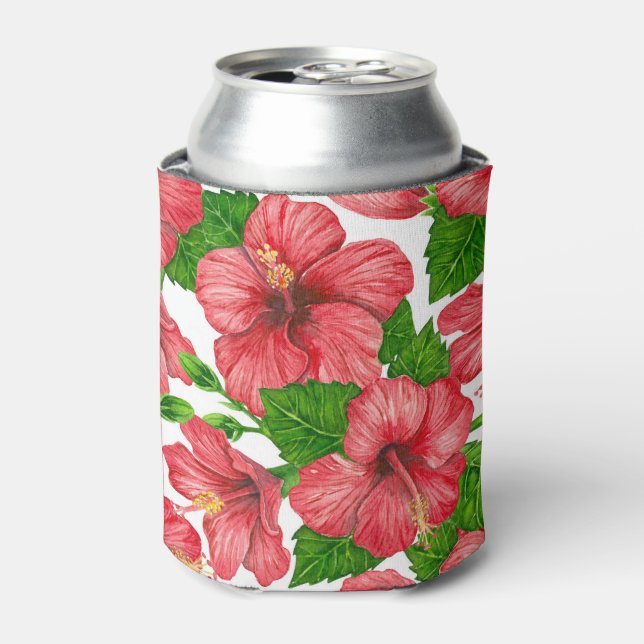 Red hibiscus watercolor pattern can cooler (Can Front)