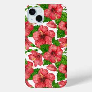 Red hibiscus watercolor pattern iPhone 15 mini case
