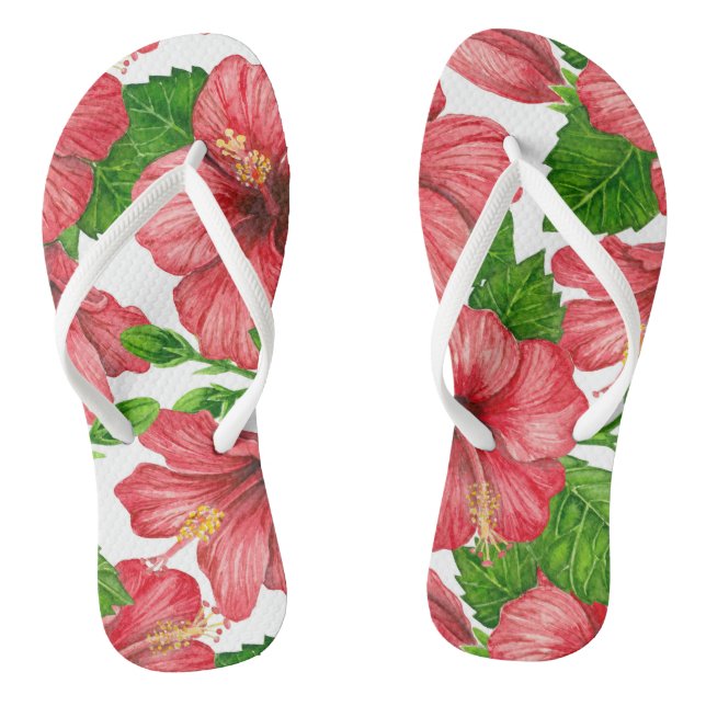 Red hibiscus watercolor pattern flip flops (Footbed)