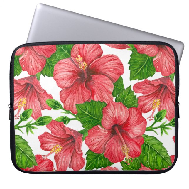 Red hibiscus watercolor pattern laptop sleeve (Front)