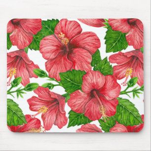 Red hibiscus watercolor pattern mouse mat