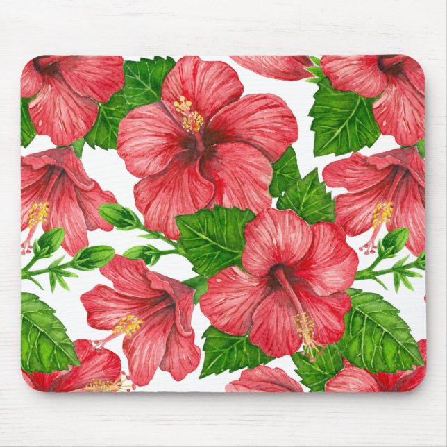 Red hibiscus watercolor pattern mouse mat (Front)