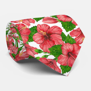 Red hibiscus watercolor pattern neck tie