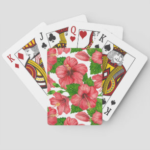 Red hibiscus watercolor pattern playing cards