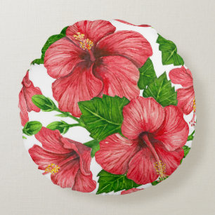 Red hibiscus watercolor pattern round cushion