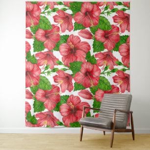 Red hibiscus watercolor pattern tapestry