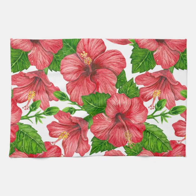 Red hibiscus watercolor pattern tea towel (Horizontal)