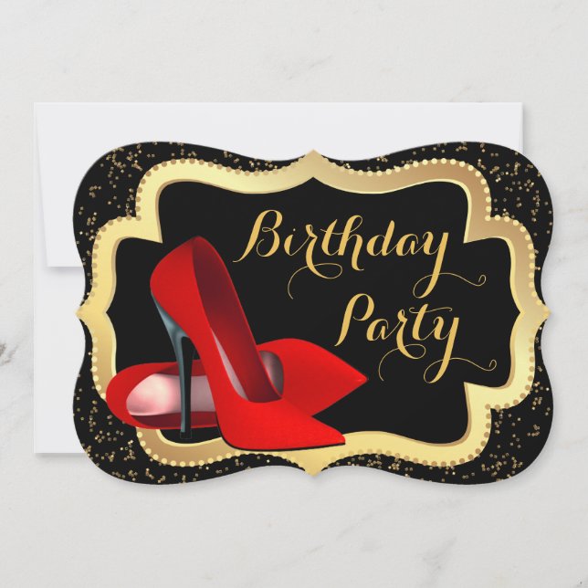 Red High Heel Black and Gold Birthday Party Invitation (Front)