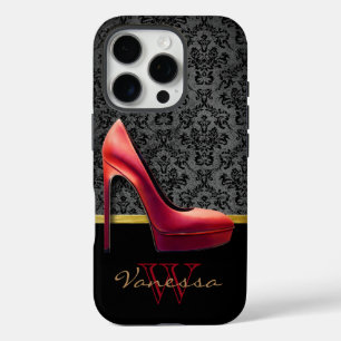 Red High Heel & Damask Print With Monogram iPhone 16 Pro Case