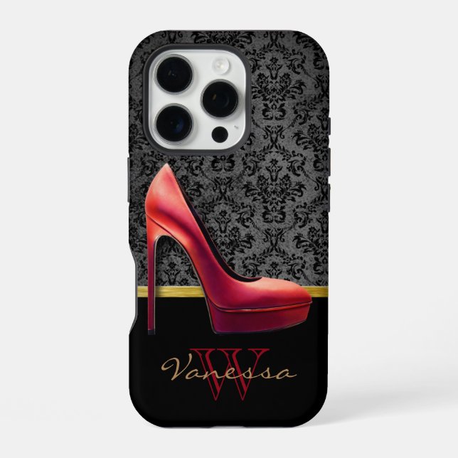 Red High Heel & Damask Print With Monogram iPhone Case (Back)