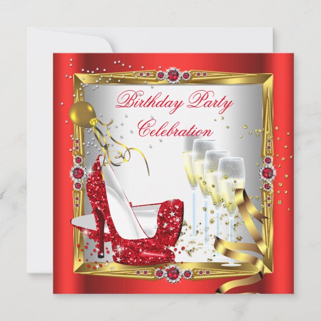 Red High Heel Shoes Champagne Gold White Invitation (Front)