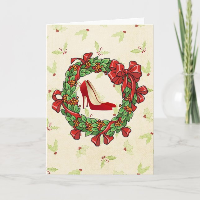 Red High Heel Shoes / Christmas Wreath Holiday Card (Front)