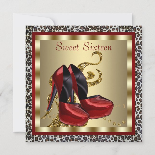 Red High Heel Shoes Leopard Sweet Sixteen Birthday Invitation (Front)