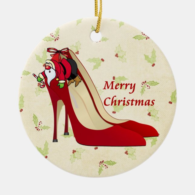 Red High Heel Shoes / Santa Elf Ceramic Tree Decoration (Front)