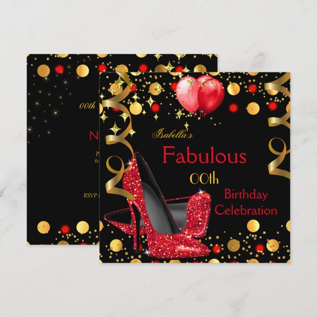 Red High Heels Gold Balloons Birthday Party Invitation (Front/Back)