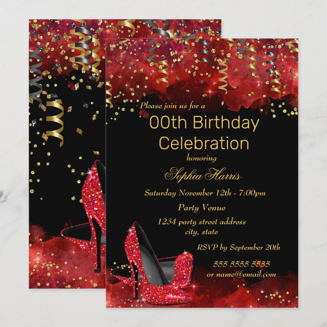 Red High Heels Gold Black glitter Birthday party Invitation (Front/Back)
