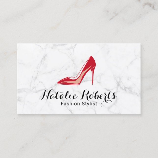 Red High Heels Modern White Marble Fashion Stylist Business Card (Front)